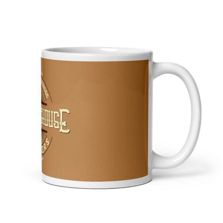 Side view of brown mug, you can see side of logo that reads 