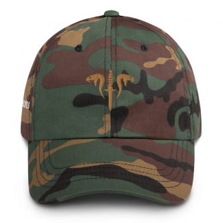 Front view of camo style cap with an icon on the front in bronze of a dagger with snake heads on either side and 'SNIPER ELITE 5' on the side.