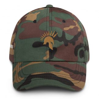 Front view of camo style cap with an icon on the front in bronze of a spartan style helm with bullets making up the crest and 'SNIPER ELITE 5' on the side.