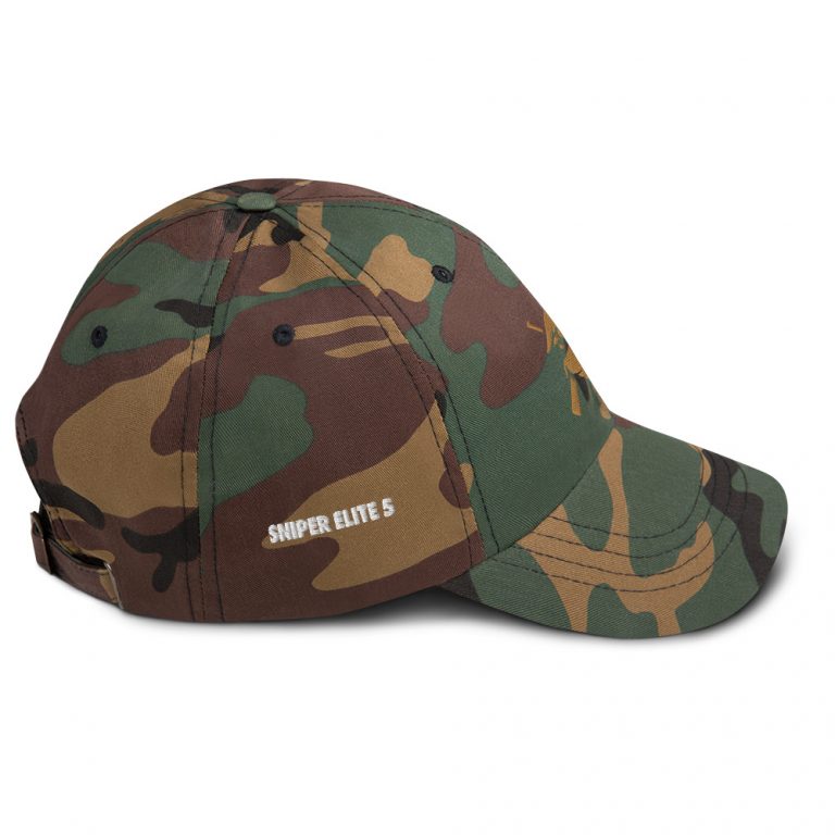 Camo style cap with a design on the front not visible at this angle and 'SNIPER ELITE 5' on the side.