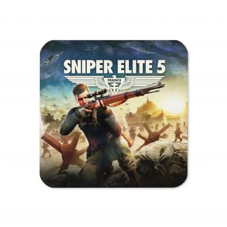 An image of a cork-backed coaster from Sniper Elite 5 featuring Karl Fairburne kneeling on a beach during D-Day landings