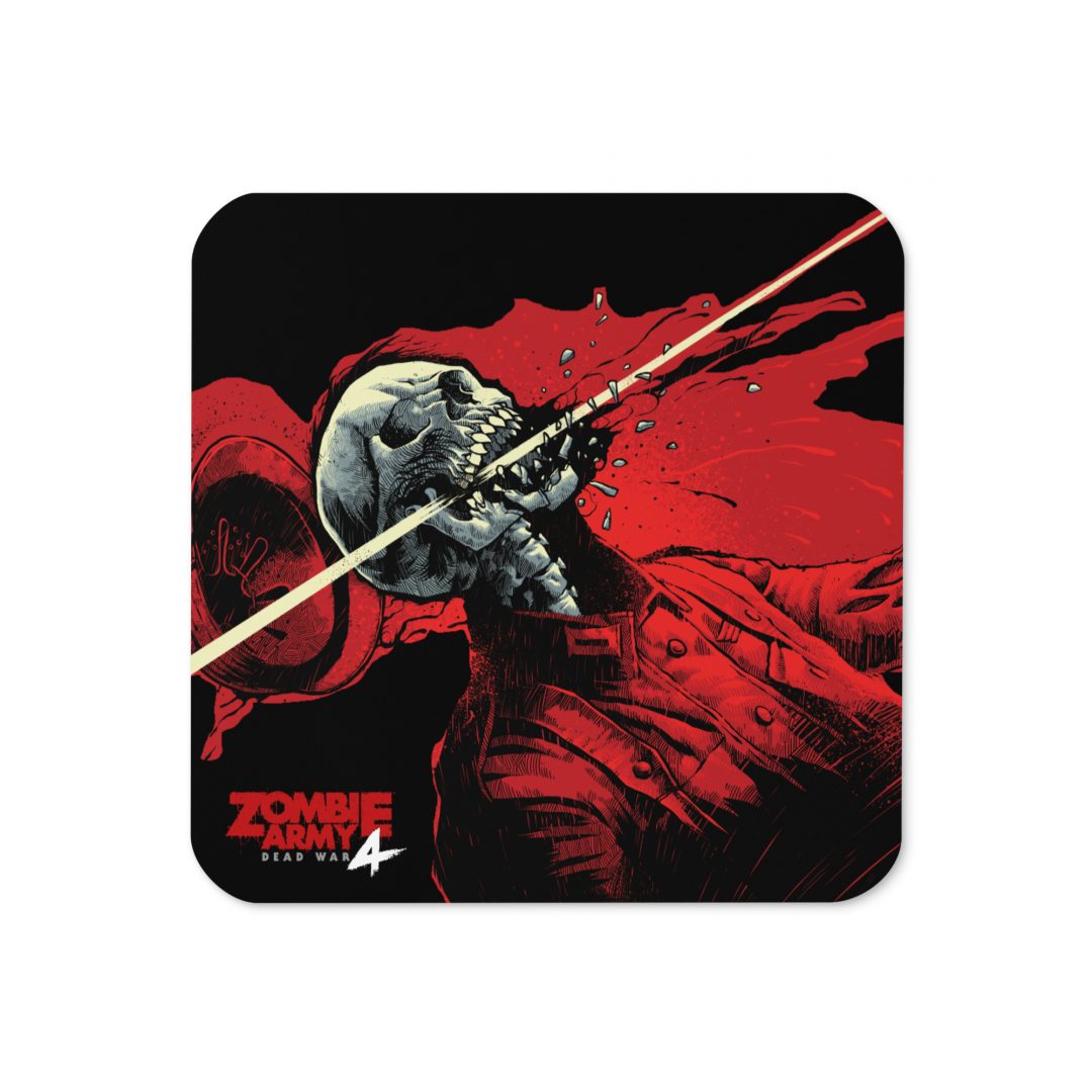 An image of a cork-backed coaster from Zombie Army 4 with a close up of a zombie skeleton with a bullet going through the jaw
