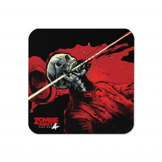 An image of a cork-backed coaster from Zombie Army 4 with a close up of a zombie skeleton with a bullet going through the jaw
