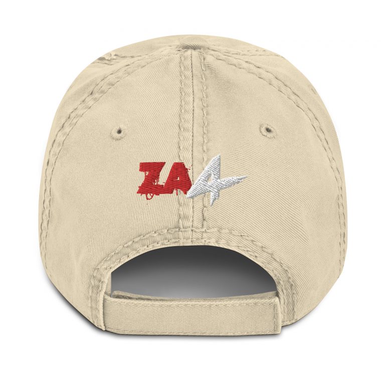 Rear view of beige cap with 'ZA4' in red and white above the strap.
