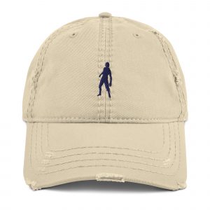 Front view of beige cap with the silhouette of a Zombie on the front in dark blue.