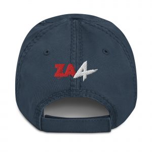 Rear view of dark blue cap with 'ZA4' in red and white above the strap.
