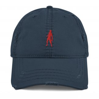 Front view of dark blue cap with the silhouette of a Zombie on the front in red.
