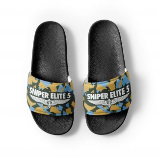 Overhead view of a pair of black flip flops with the Sniper Elite over the strap which is decorated with 'dazzle' camo