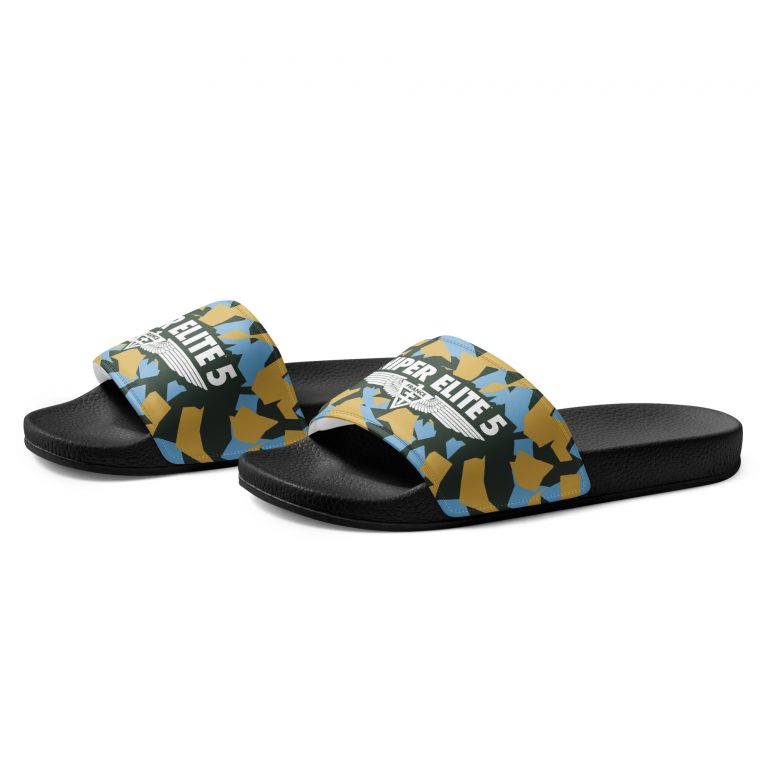 A pair of black flip flops with the Sniper Elite over the strap which is decorated with 'dazzle' camo