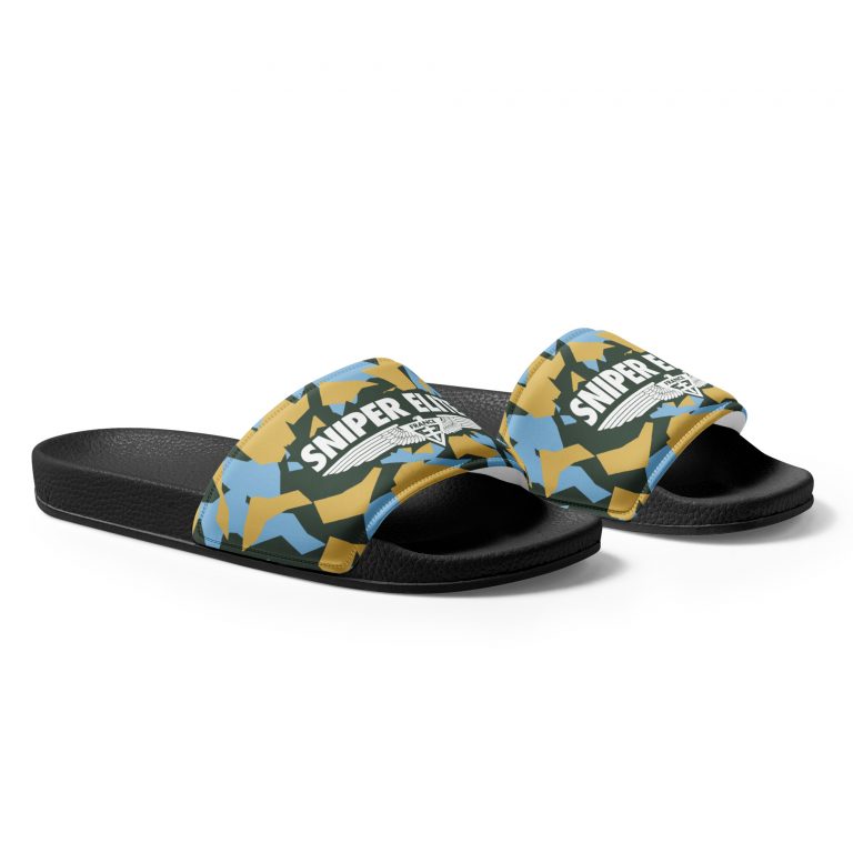 A pair of black flip flops with the Sniper Elite over the strap which is decorated with 'dazzle' camo