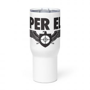White Travel Mug with the Sniper Elite logo embossed on the upper half