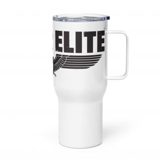 White Travel Mug with handle, lid and the Sniper Elite logo embossed on the upper half