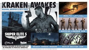 Image of the contents of the 'Kraken Awakes' DLC pack contents. Image shows the cover image of the product plus weapon skins, avatar skins, an image of the new mission and the Sniper Elite Logo