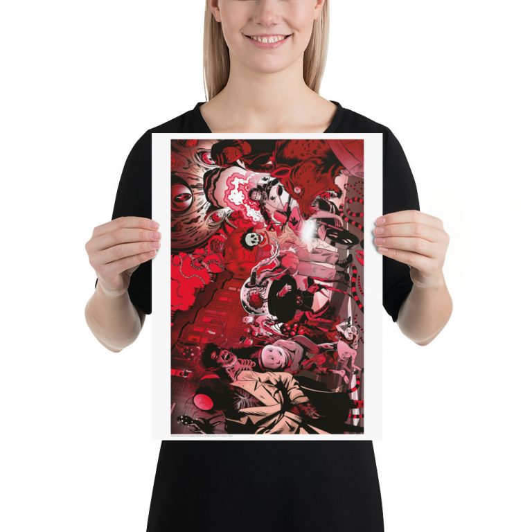 Poster held up by smiling model in which a host of monstrous figures in red, black and white march along an urban street