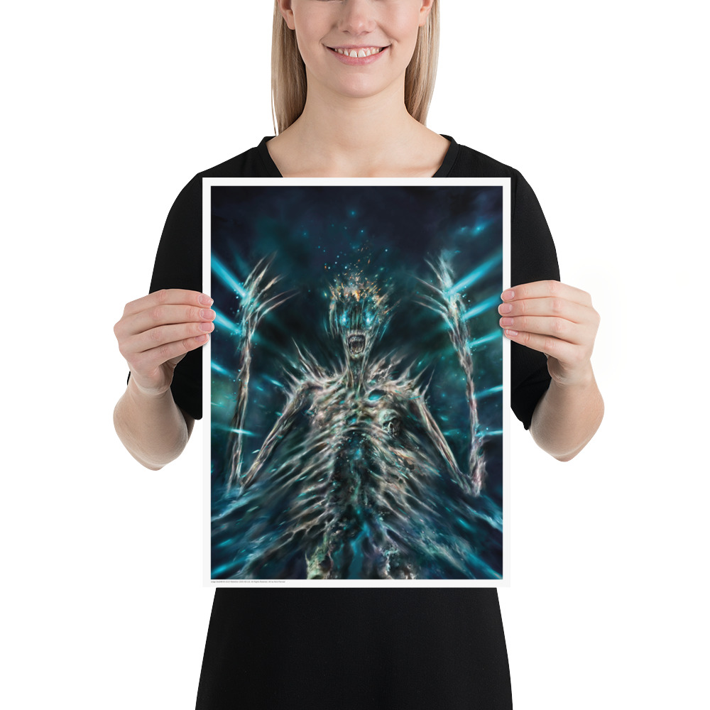 Poster held up by smiling model. In the image Judge Death with arms raised looks to becoming one with the universe in an explosion of blue light and stars