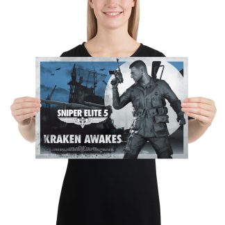 Poster held up by smiling model. In the poster Karl Fairburne stands ready, pistol raised against the full moon looking out at artillery pieces. dockside cranes and buildings while bombers fly overhead. The Sniper Elite 5 Logo is in white and below it is the title 'KRAKEN AWAKES'