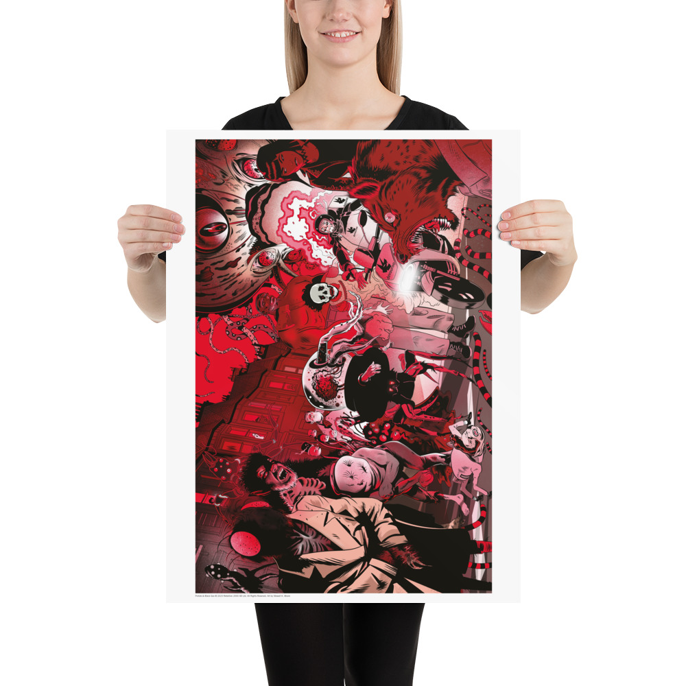 Poster held up by smiling model in which a host of monstrous figures in red, black and white march along an urban street