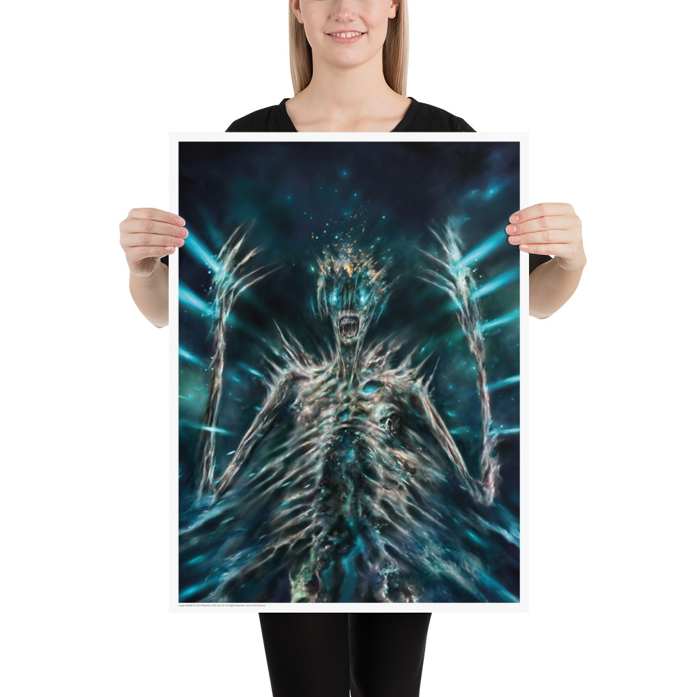 Poster held up by smiling model. In the image Judge Death with arms raised looks to becoming one with the universe in an explosion of blue light and stars