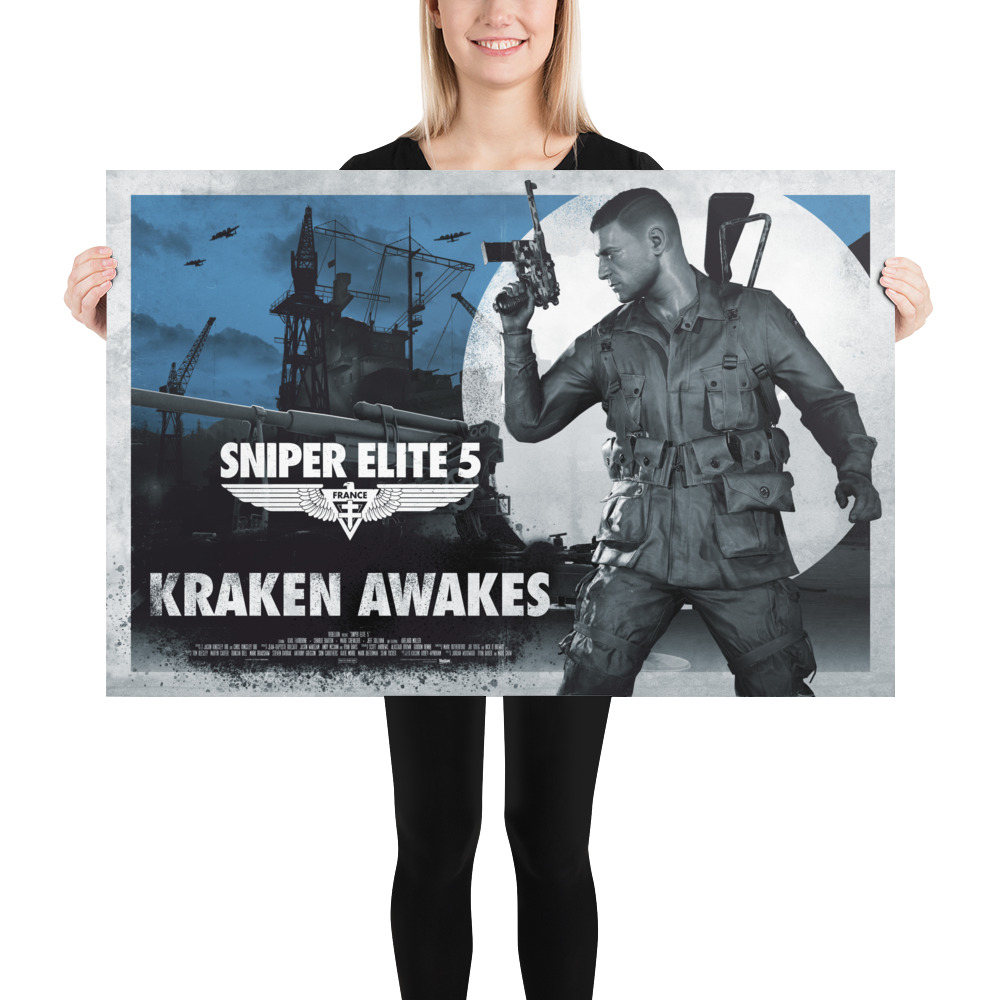 Poster held up by smiling model. In the poster Karl Fairburne stands ready, pistol raised against the full moon looking out at artillery pieces. dockside cranes and buildings while bombers fly overhead. The Sniper Elite 5 Logo is in white and below it is the title 'KRAKEN AWAKES'