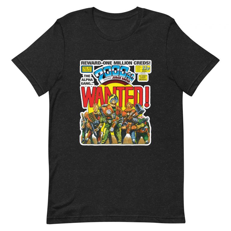 Black Tshirt with a 'Classic' 2000 AD Cover image on the chest. In the image Strontium Dog and his team, the Alpha gang, stand ready.