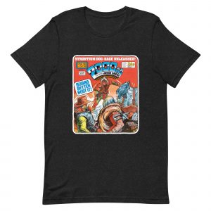 Black Tshirt with a 'Classic' 2000 AD Cover image on the chest. In the image Strontium Dog faces off against three alien ruffians.