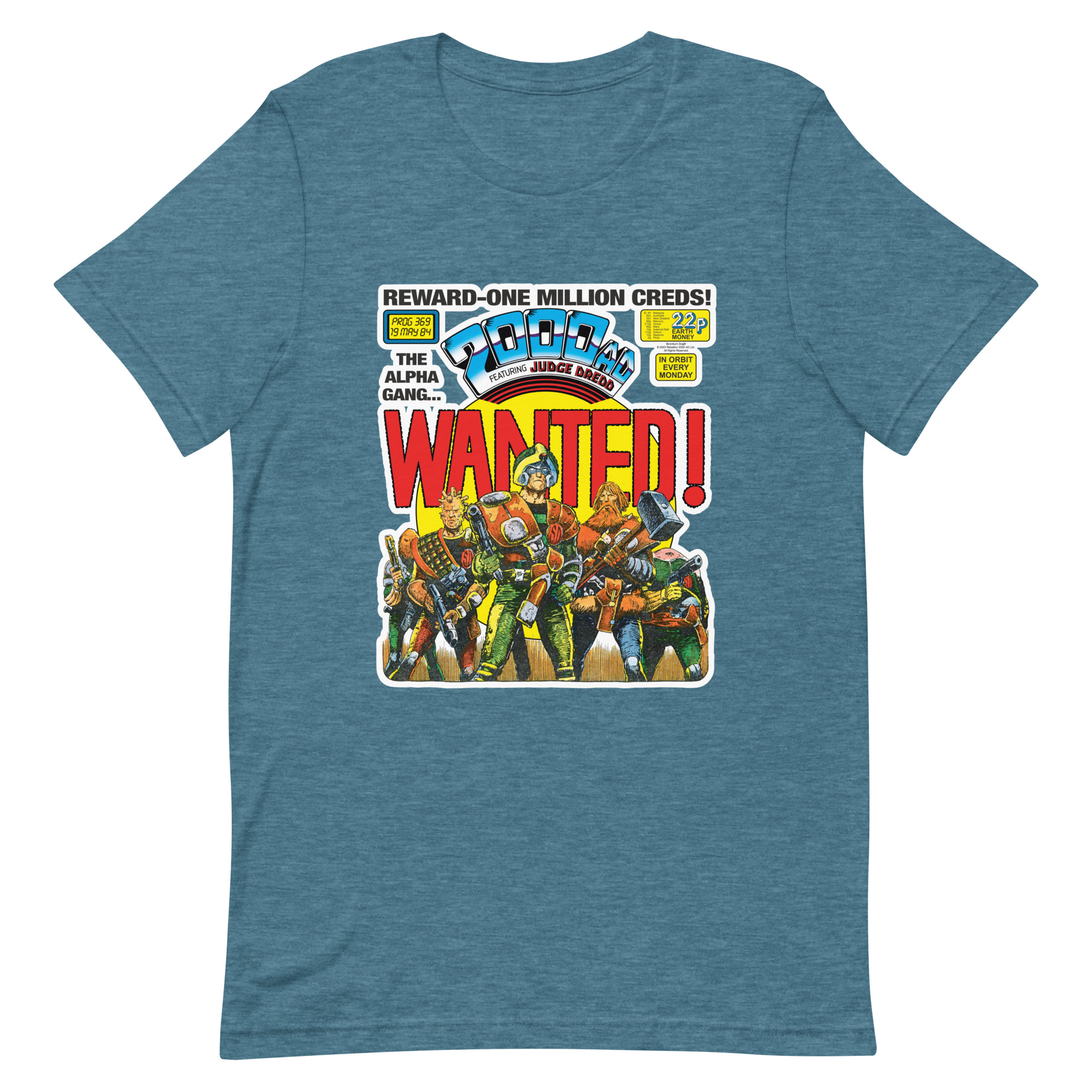 Blue Tshirt with a 'Classic' 2000 AD Cover image on the chest. In the image Strontium Dog and his team, the Alpha gang, stand ready.