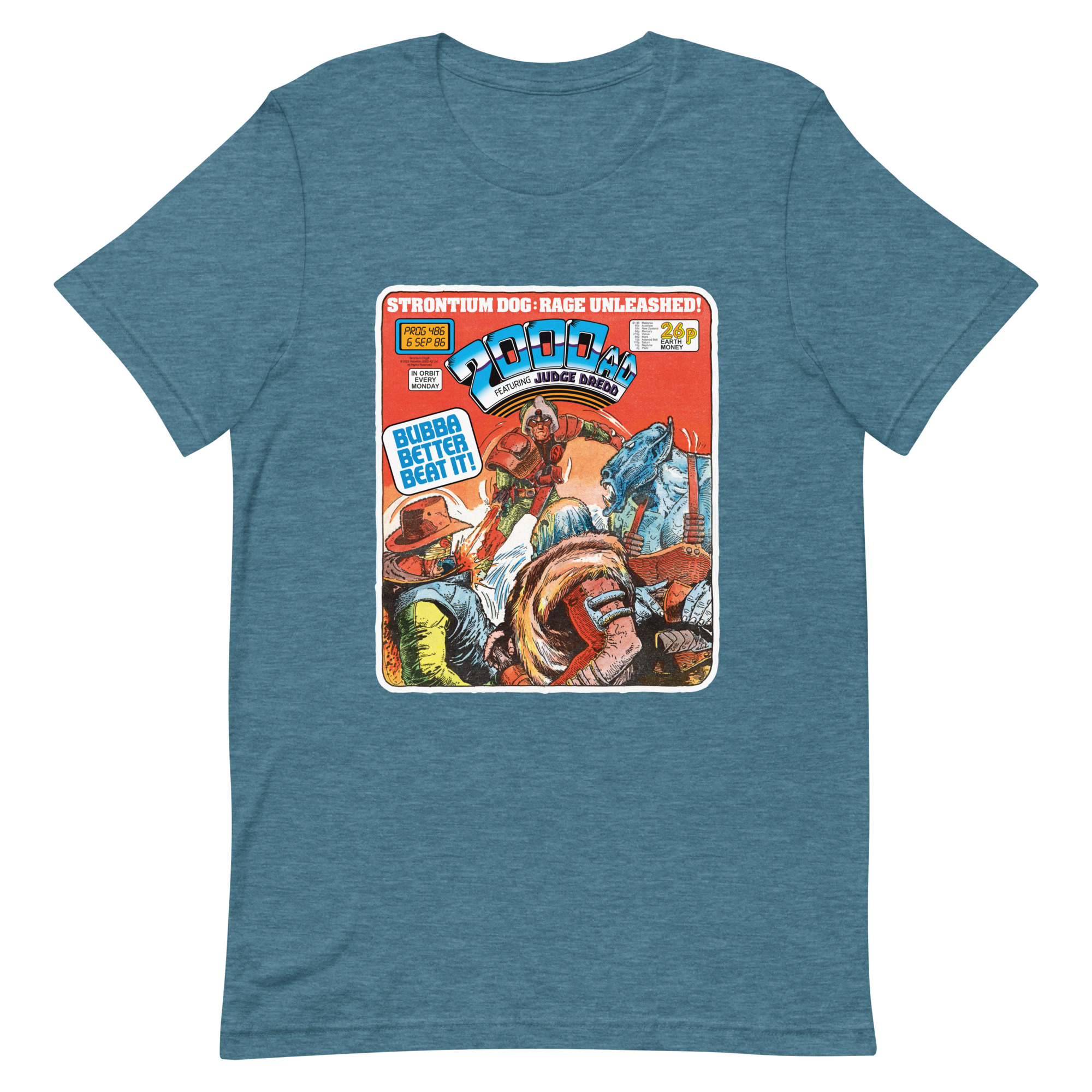 Blue Tshirt with a 'Classic' 2000 AD Cover image on the chest. In the image Strontium Dog faces off against three alien ruffians.