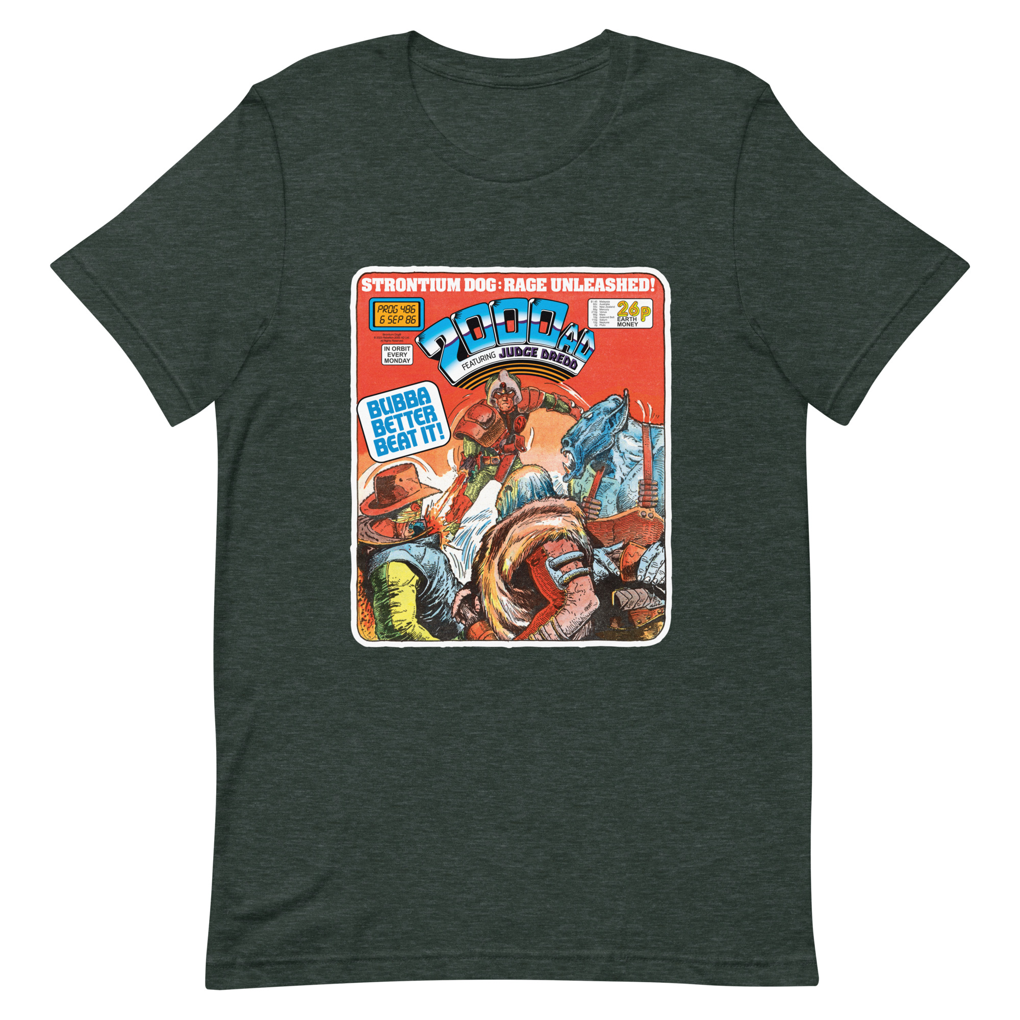 Dark Green Tshirt with a 'Classic' 2000 AD Cover image on the chest. In the image Strontium Dog faces off against three alien ruffians.