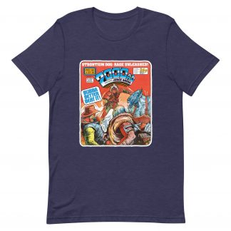An image of a t-shirt in colour midnight navy with a Strontium Dog cover design from 2000 AD