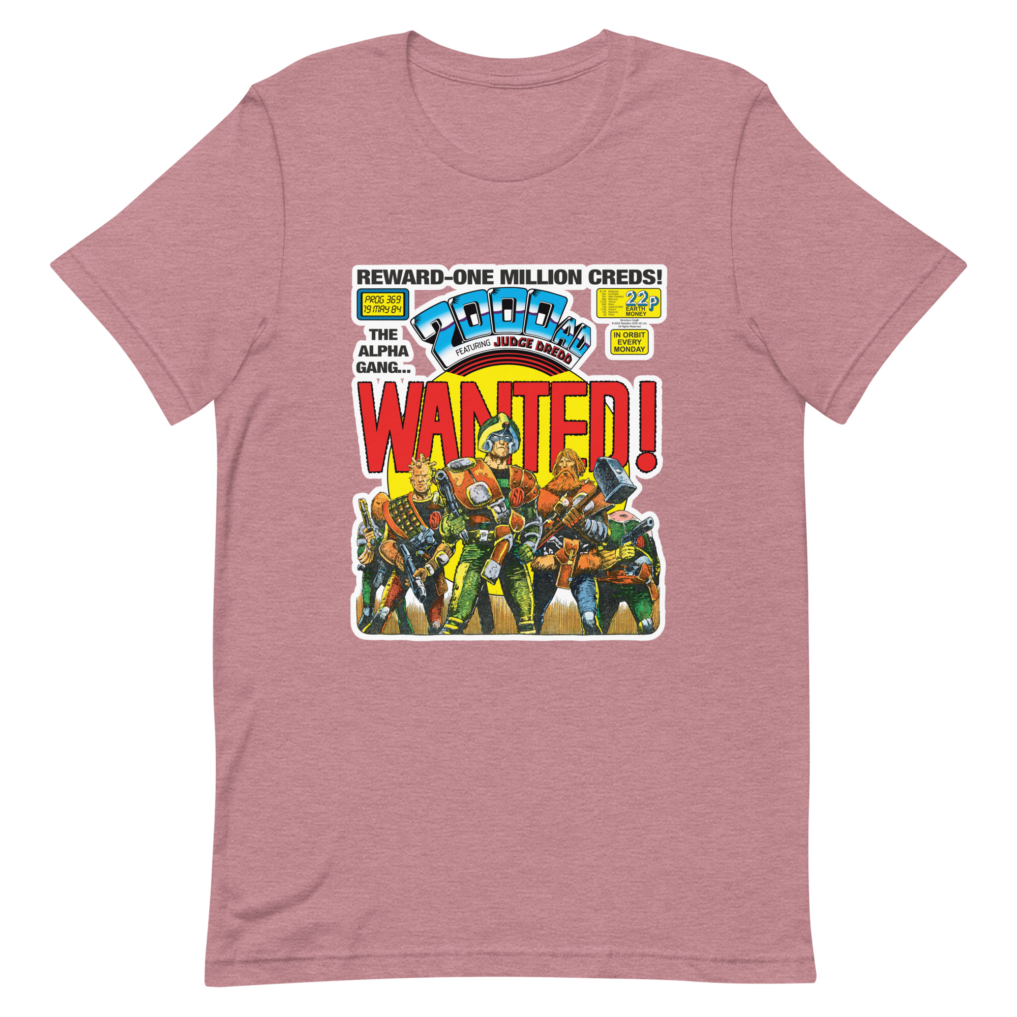 Pink Tshirt with a 'Classic' 2000 AD Cover image on the chest. In the image Strontium Dog and his team, the Alpha gang, stand ready.