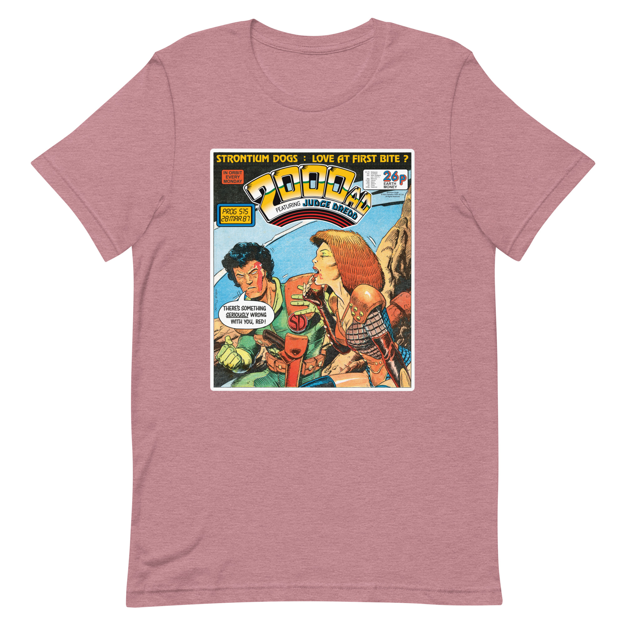 Pink Tshirt with a 'Classic' 2000 AD Cover image on the chest. In the image Strontium Dog judges Durham Reds.... appetite (For Blood)