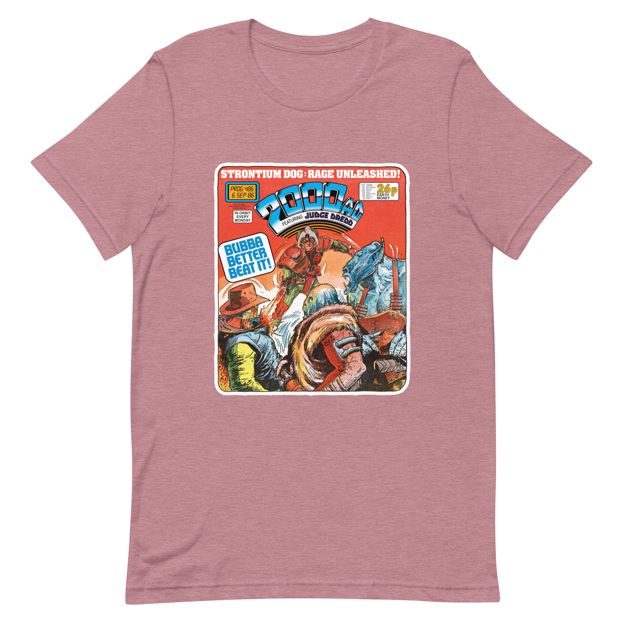Pink Tshirt with a 'Classic' 2000 AD Cover image on the chest. In the image Strontium Dog faces off against three alien ruffians.