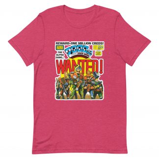 Pink Tshirt with a 'Classic' 2000 AD Cover image on the chest. In the image Strontium Dog and his team, the Alpha gang, stand ready.