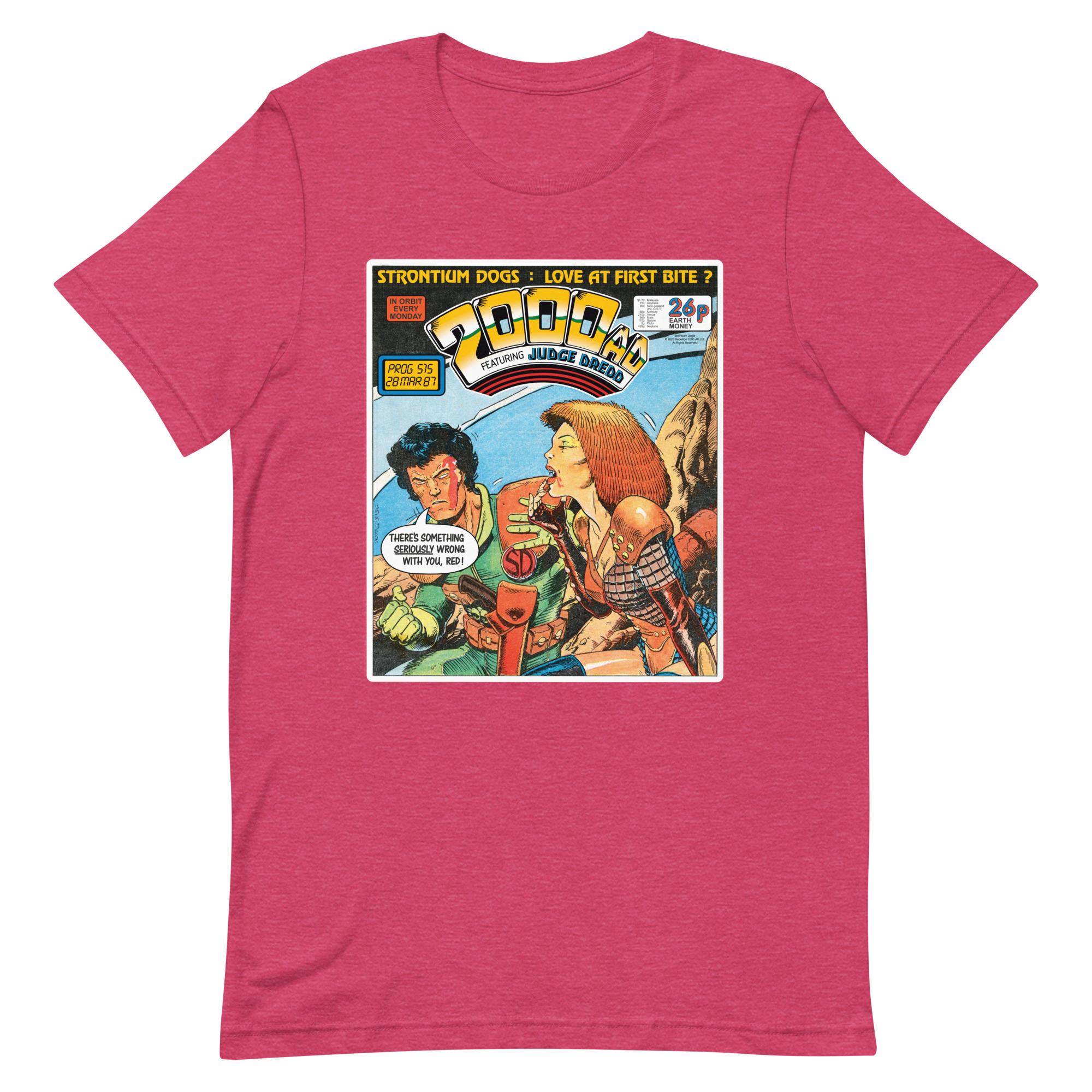 Pink Tshirt with a 'Classic' 2000 AD Cover image on the chest. In the image Strontium Dog judges Durham Reds.... appetites (For Blood)