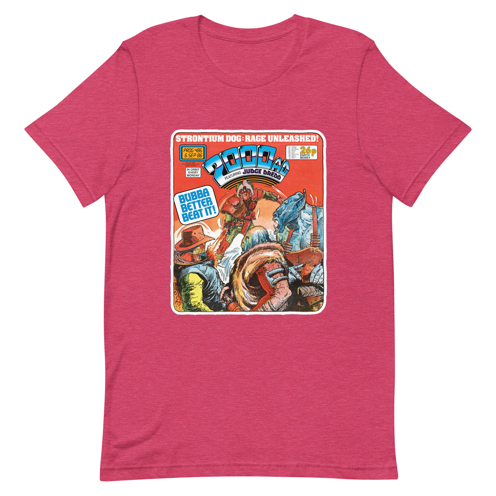 Dark Pink Tshirt with a 'Classic' 2000 AD Cover image on the chest. In the image Strontium Dog faces off against three alien ruffians.