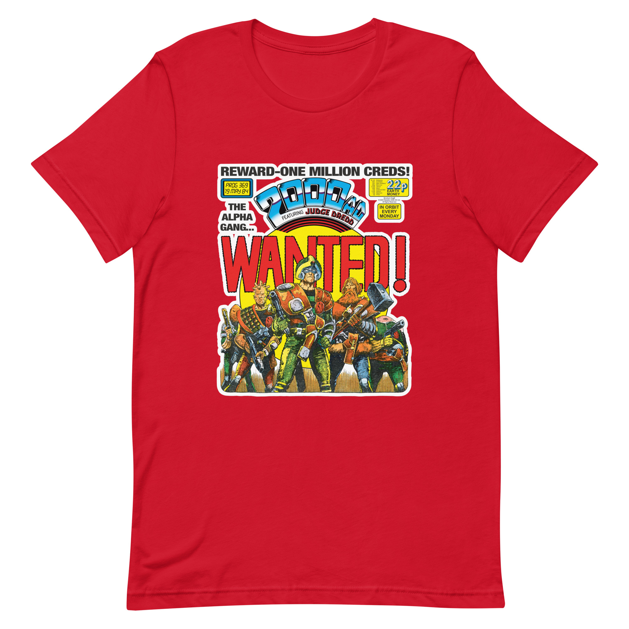 Red Tshirt with a 'Classic' 2000 AD Cover image on the chest. In the image Strontium Dog and his team, the Alpha gang, stand ready.