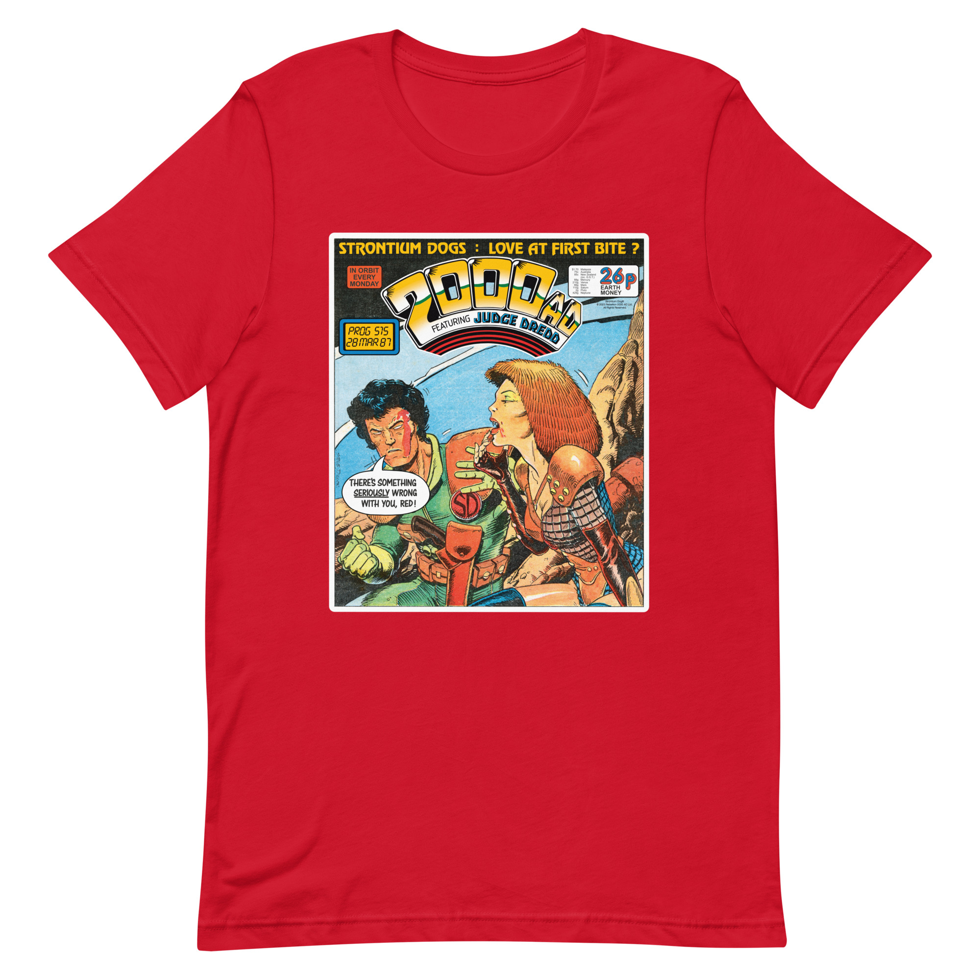 Red Tshirt with a 'Classic' 2000 AD Cover image on the chest. In the image Strontium Dog judges Durham Reds.... appetite (For Blood)
