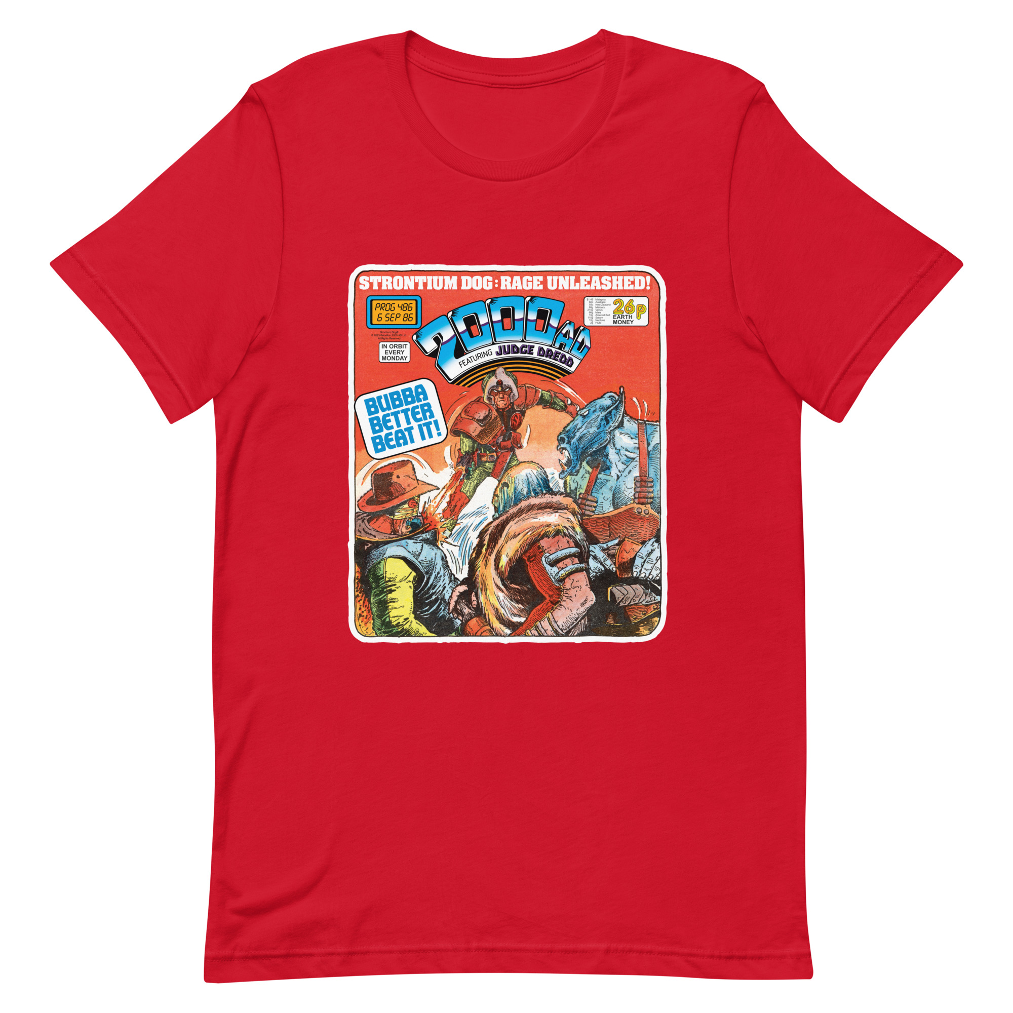 Red Tshirt with a 'Classic' 2000 AD Cover image on the chest. In the image Strontium Dog faces off against three alien ruffians.