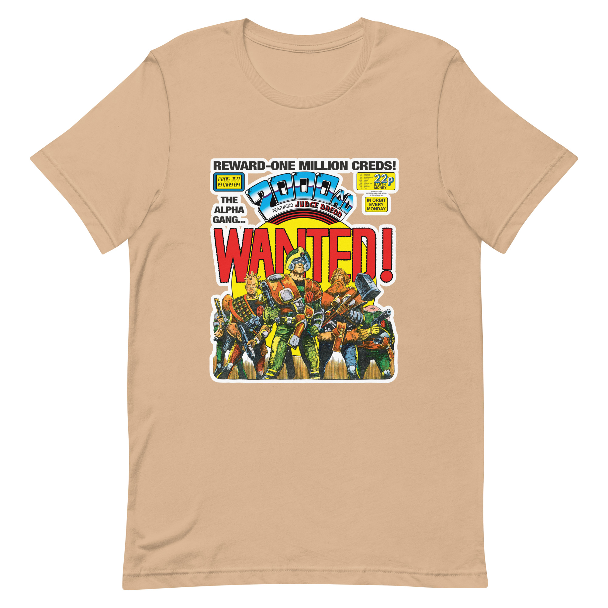 Beige Tshirt with a 'Classic' 2000 AD Cover image on the chest. In the image Strontium Dog and his team, the Alpha gang, stand ready.