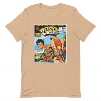 Beige Tshirt with a 'Classic' 2000 AD Cover image on the chest. In the image Strontium Dog judges Durham Reds.... appetite (For Blood)