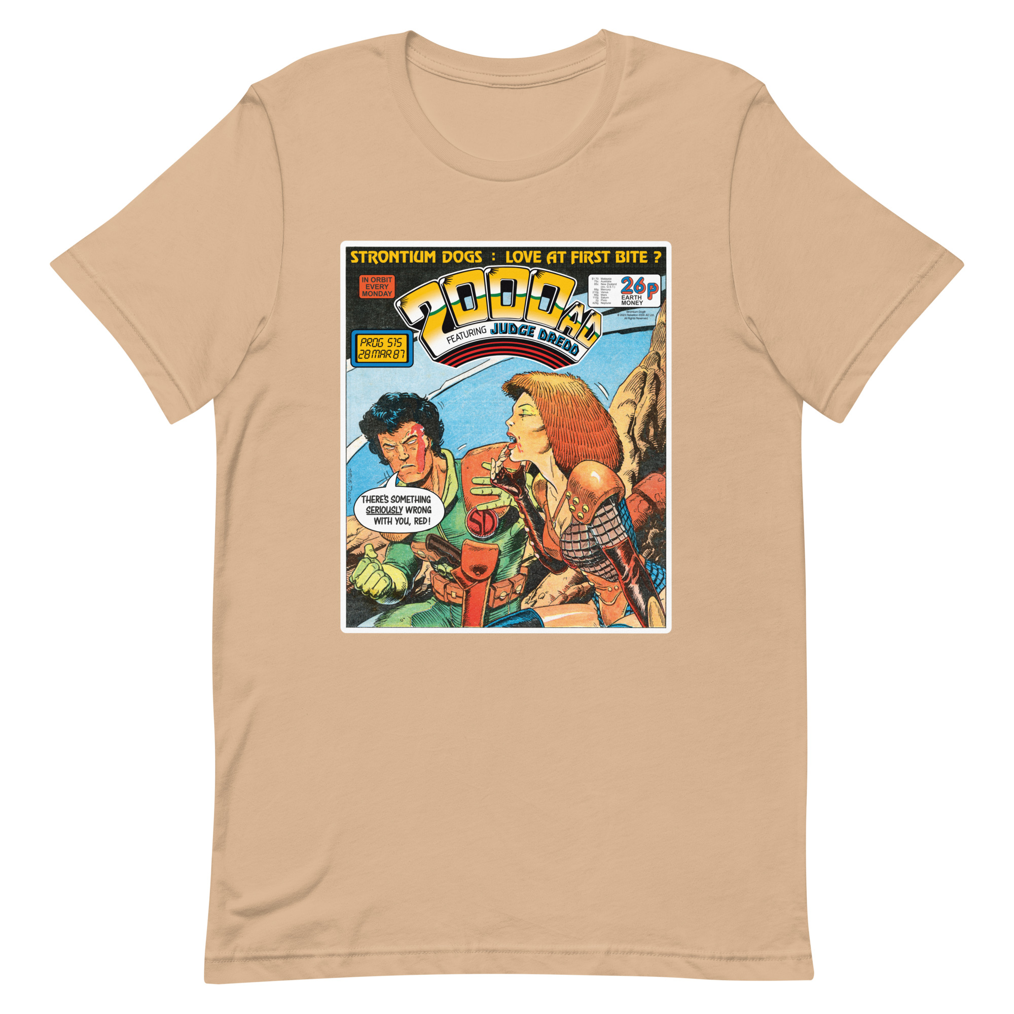 Beige Tshirt with a 'Classic' 2000 AD Cover image on the chest. In the image Strontium Dog judges Durham Reds.... appetite (For Blood)