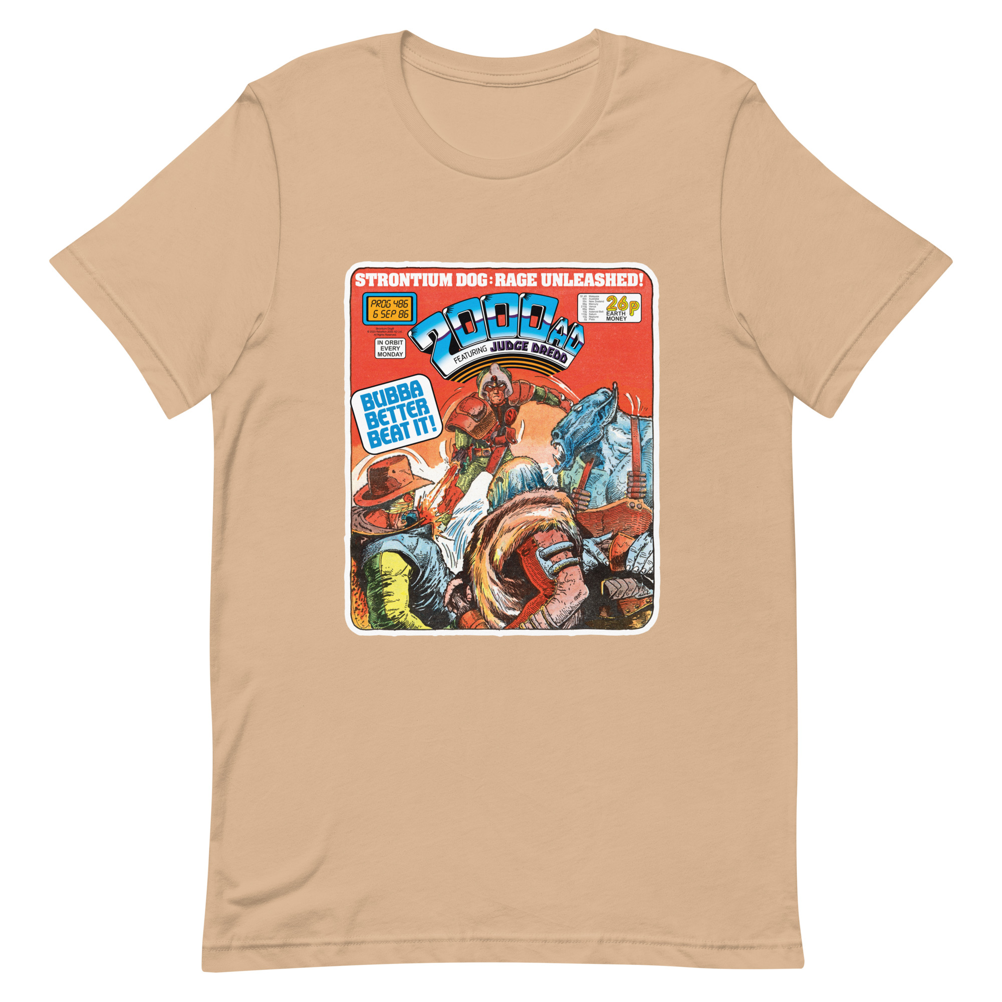 Beige Tshirt with a 'Classic' 2000 AD Cover image on the chest. In the image Strontium Dog faces off against three alien ruffians.