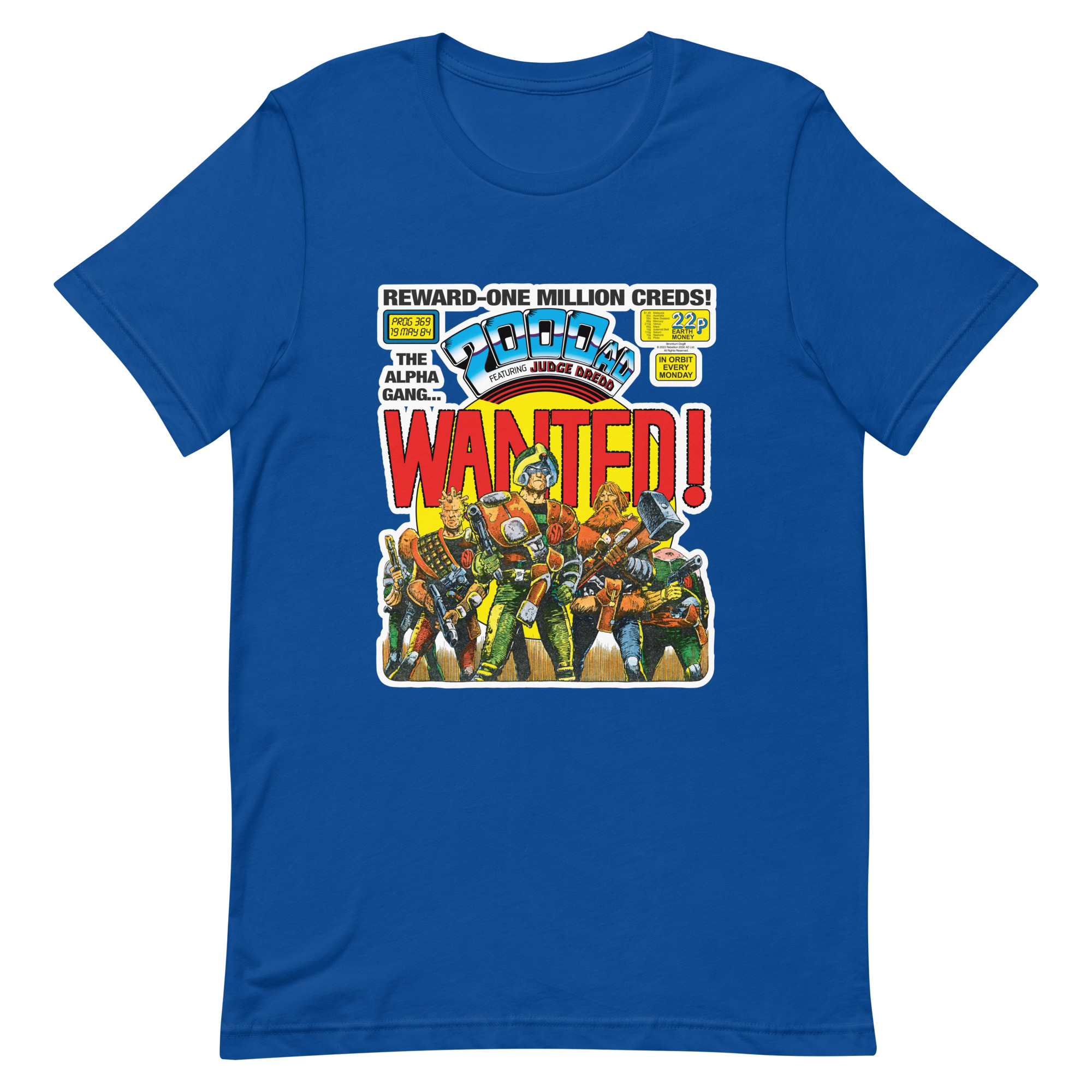 Royal Blue Tshirt with a 'Classic' 2000 AD Cover image on the chest. In the image Strontium Dog and his team, the Alpha gang, stand ready.