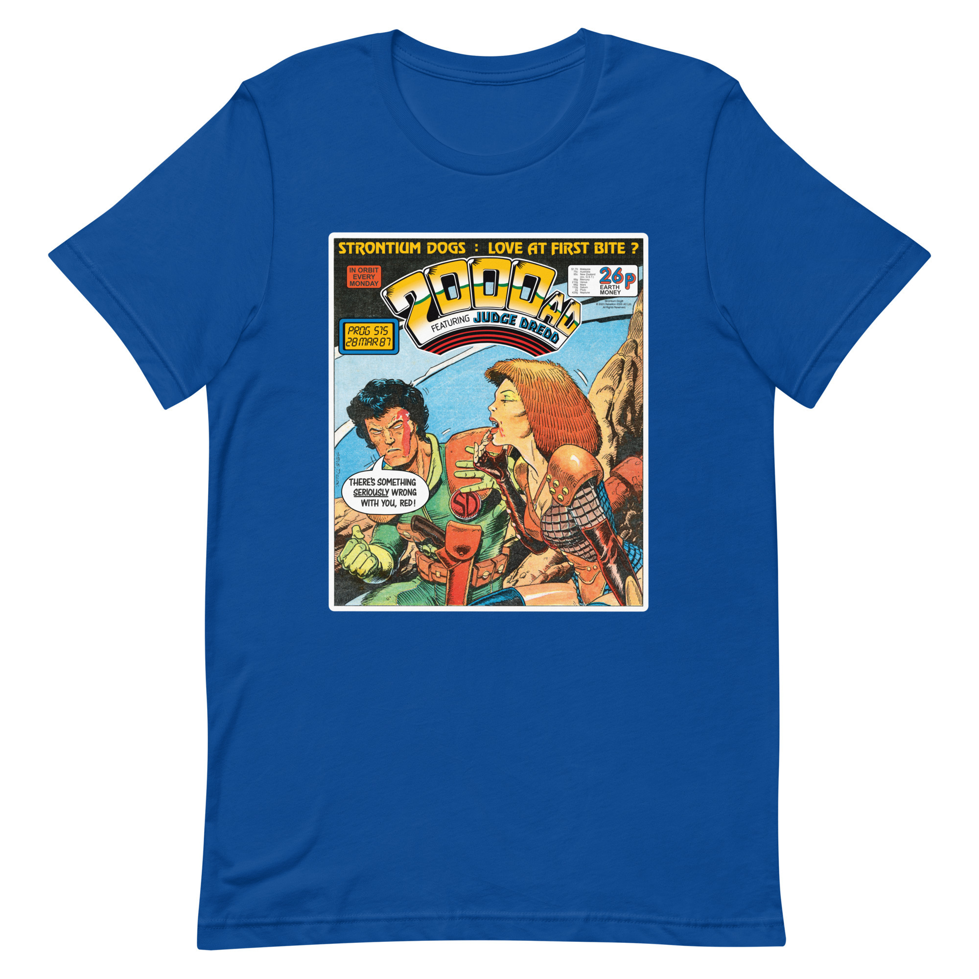 Royal Blue Tshirt with a 'Classic' 2000 AD Cover image on the chest. In the image Strontium Dog judges Durham Reds.... appetites (For Blood)