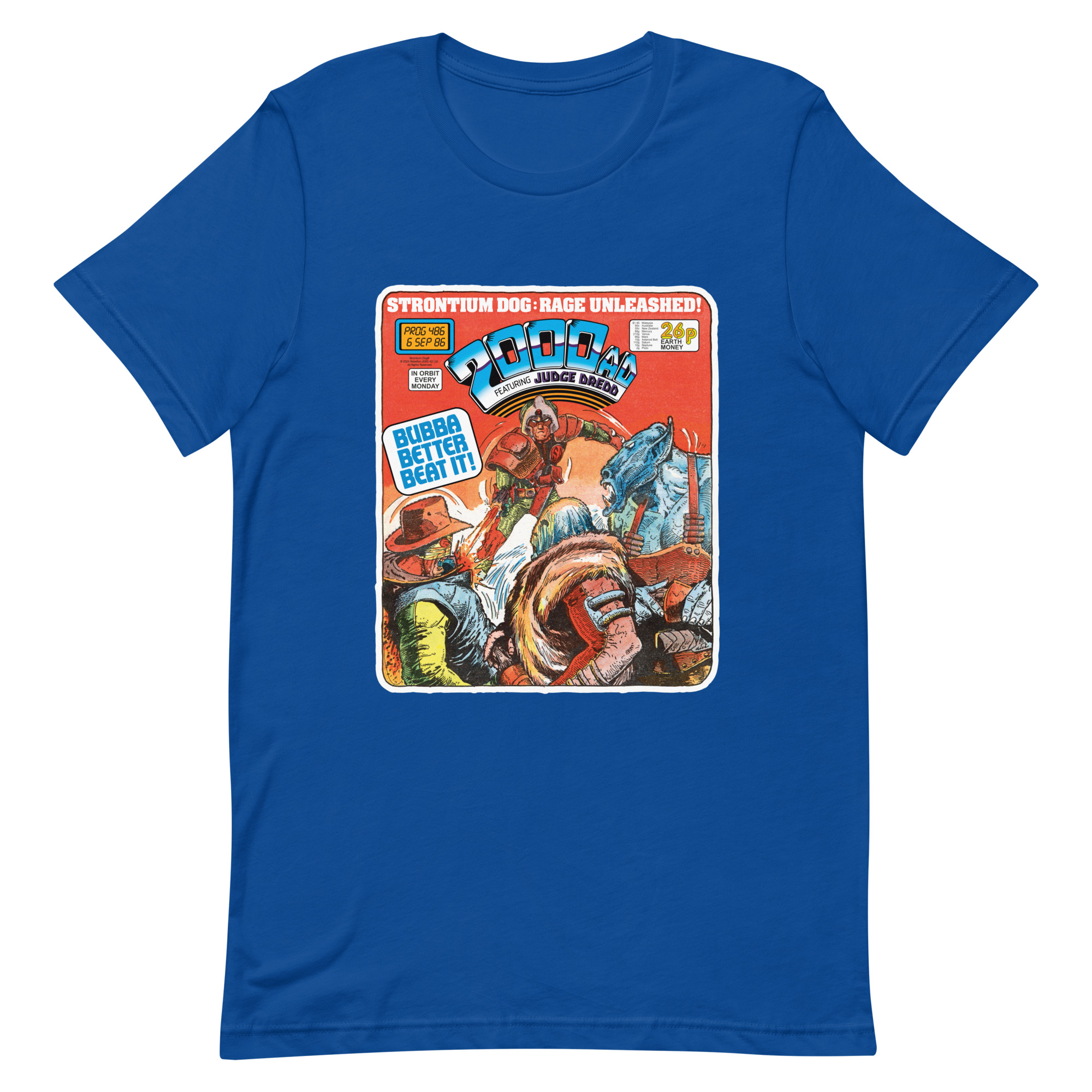 Royal Blue Tshirt with a 'Classic' 2000 AD Cover image on the chest. In the image Strontium Dog faces off against three alien ruffians.