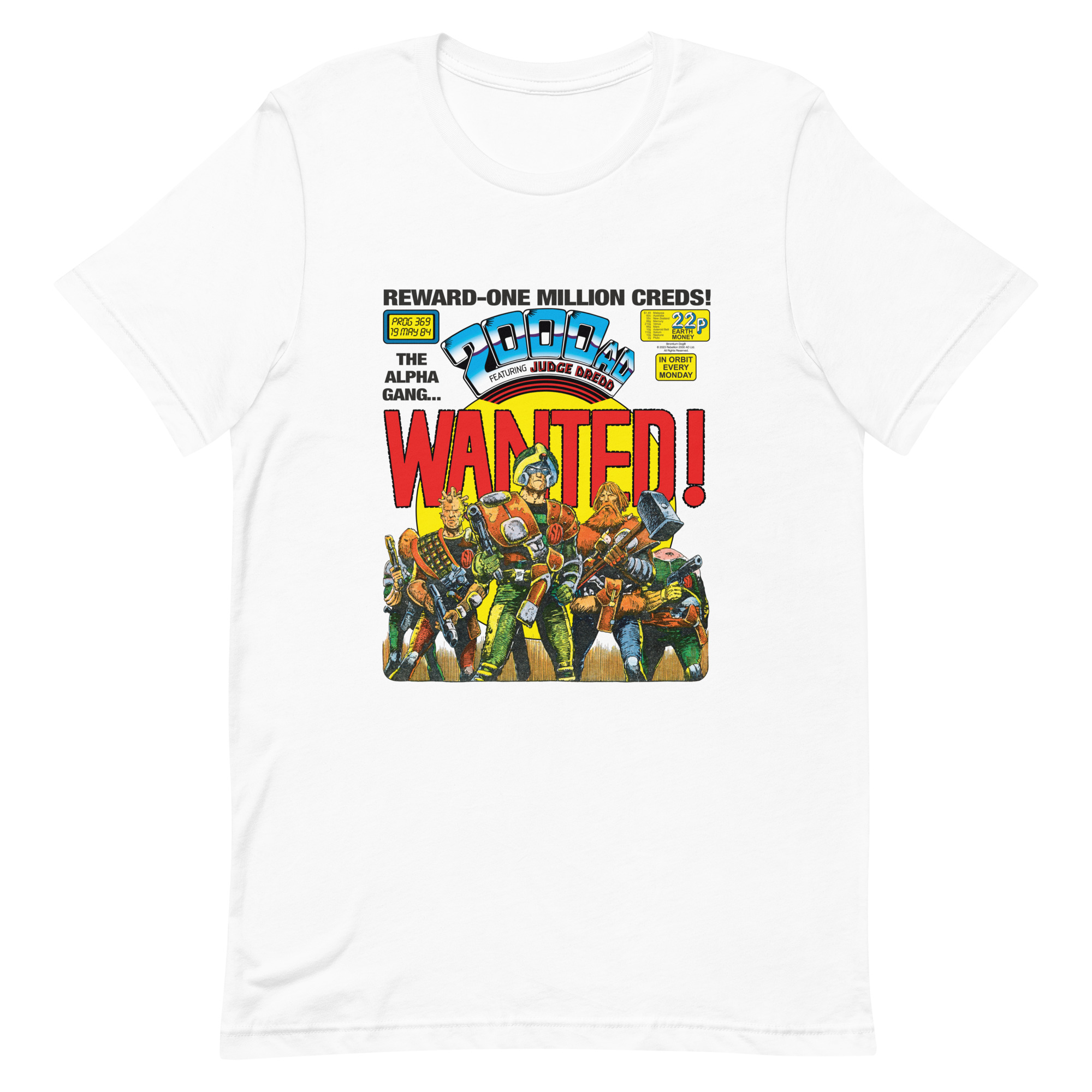 White Tshirt with a 'Classic' 2000 AD Cover image on the chest. In the image Strontium Dog and his team, the Alpha gang, stand ready.