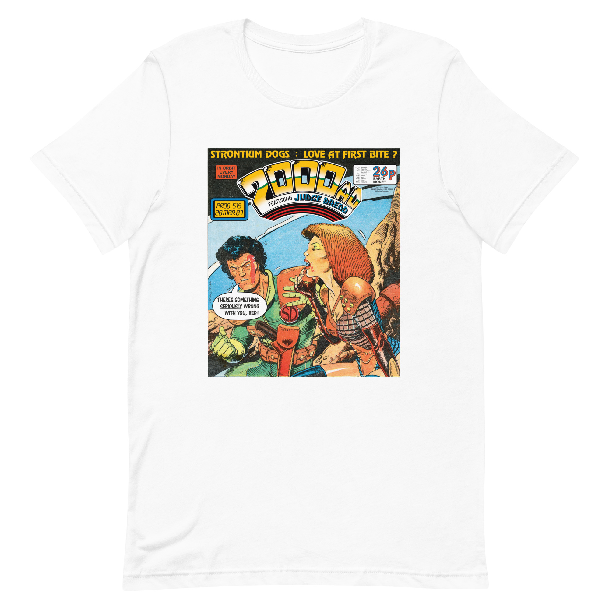 White Tshirt with a 'Classic' 2000 AD Cover image on the chest. In the image Strontium Dog judges Durham Reds.... appetite. (For Blood)