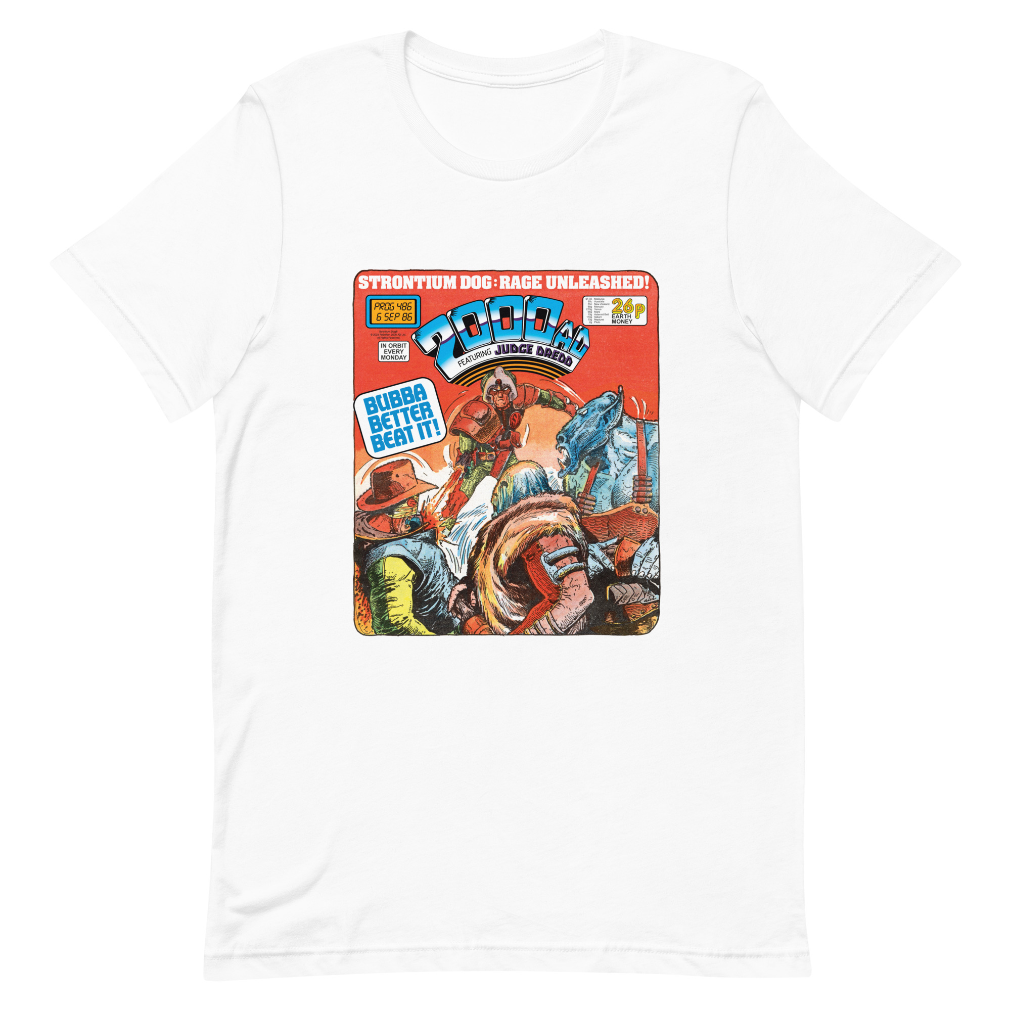 White Tshirt with a 'Classic' 2000 AD Cover image on the chest. In the image Strontium Dog faces off against three alien ruffians.