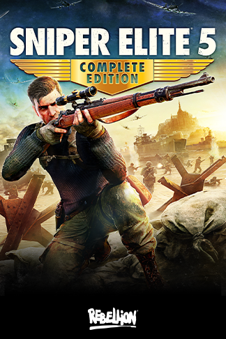 Box art of the game Sniper Elite 5 featuring Karl Fairburne kneeling and aiming a rifle on a beach during D-Day, with the title "Sniper Elite 5 Complete Edition" near the top