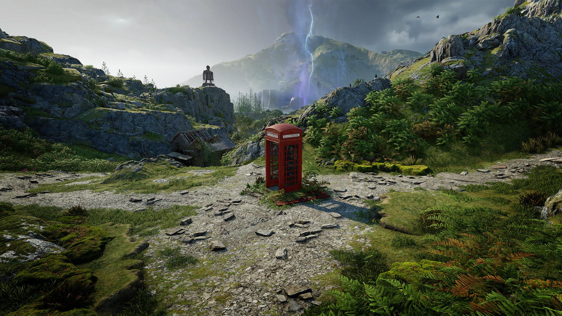 Key art showing an old English postbox in the foreground of a dystopian, countryside landscape.